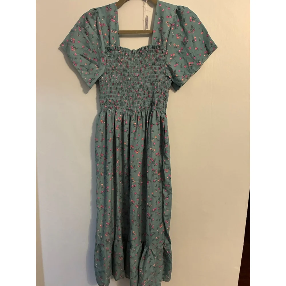 0125 Beautiful blue cottage-core dress with pink posies. Size- S/M - Picture 7 of 8